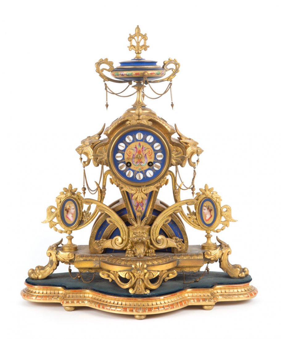 Napoleon III gilt-metal and porcelain mantel clock (1 of 8)