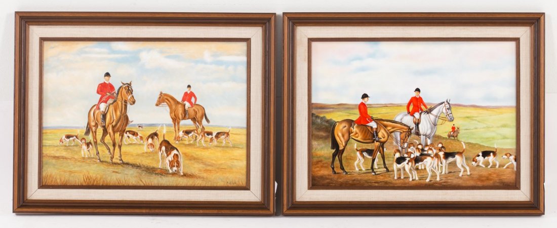 Pair Boehm painted porcelain hunting scene plaques (1 of 6)