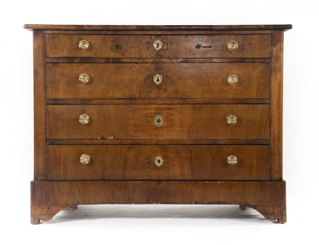 Louis Phillip walnut commode: mid-19th century; flat top with rounded edge, four graduated drawers, bracket feet, 34 7/8 in. H., 46 1/2 in. W., 22 in. D.