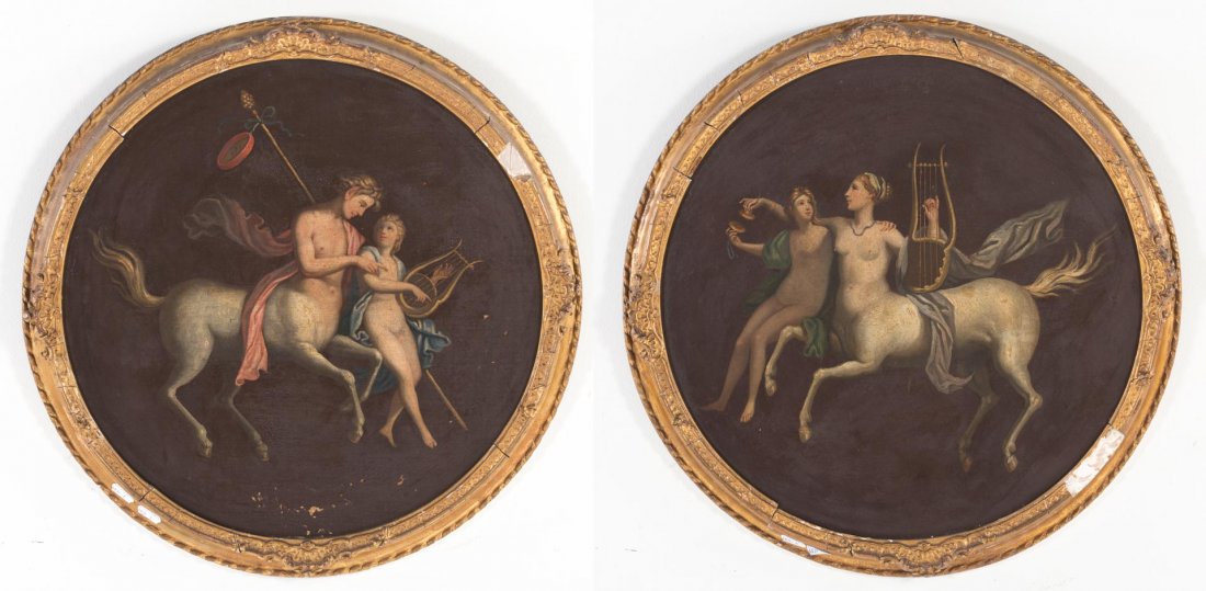 Pair of 19th c. Mythological Tondi, oil on canvas: Continental School, 19th century. Unsigned, each 19 in. diameter, each framed; The Old House, Seaford, Sussex labels on verso