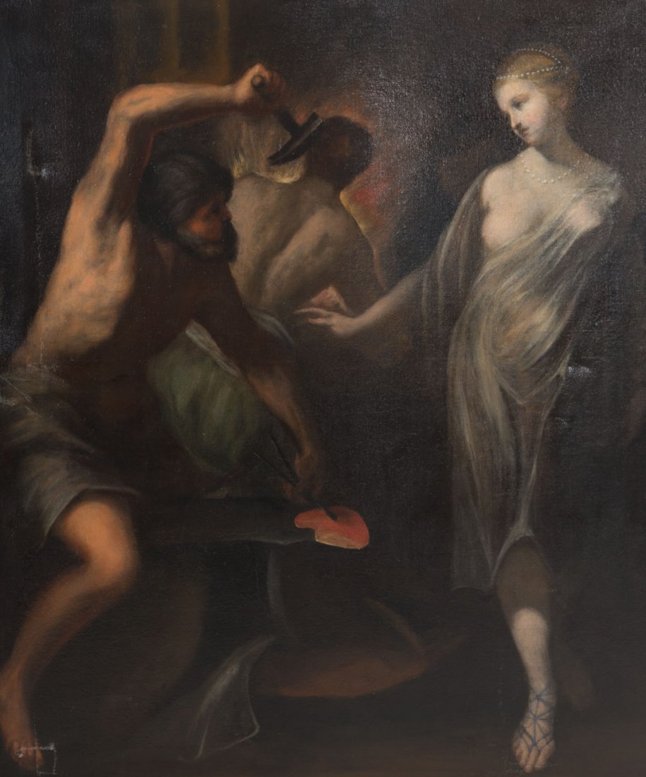Contintental School, 19th c. Venus and Vulcan, oil: 19th century or earlier. Oil on canvas, unsigned, 47 1/2 x 40 1/4 in., framed