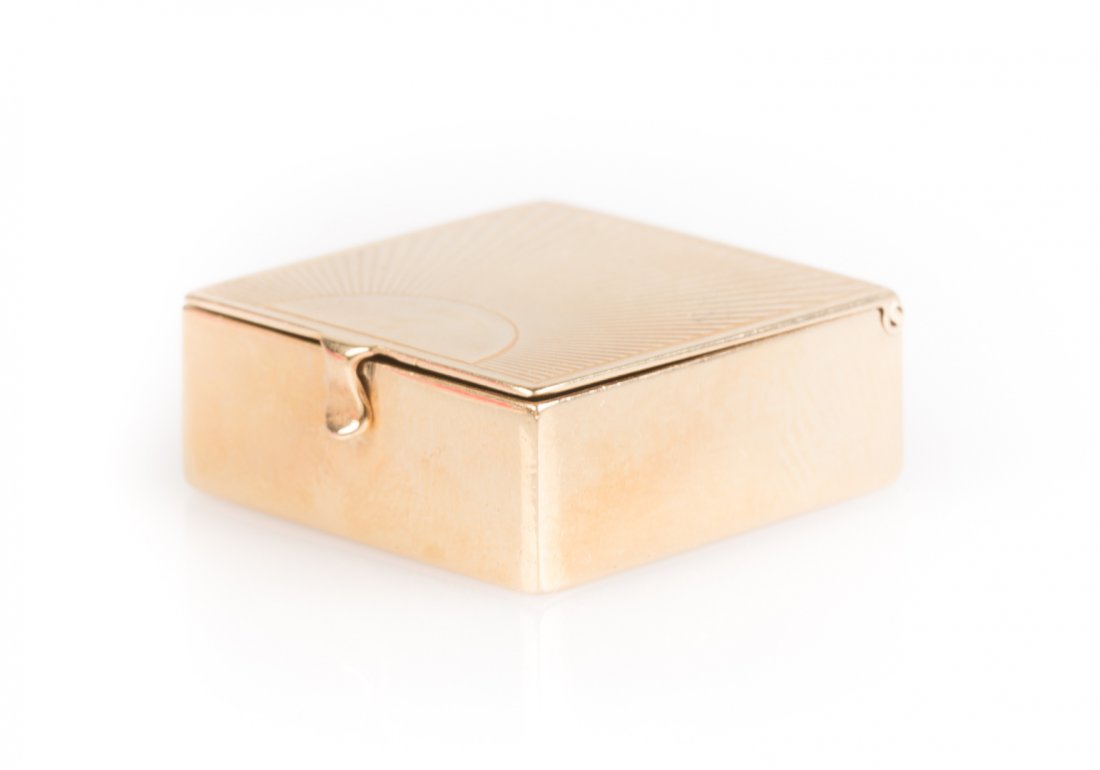 A 14K Gold Pill Box: square 14K gold pill box, 1 x 1 in., 16 grams