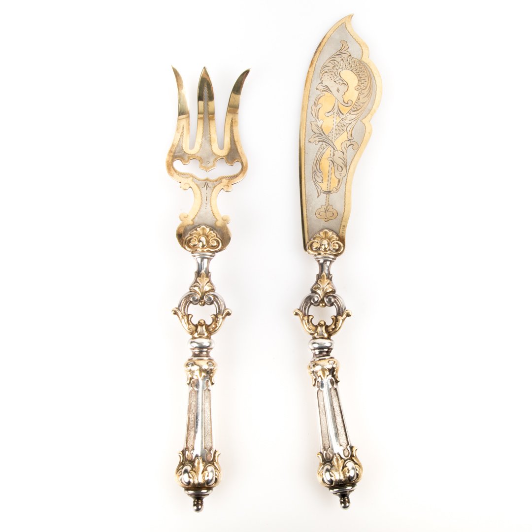 Danish gilt nickel silver 2-piece fish set c1888: maker mark of Madsen & T. Baagoes, Copenhagen, Victorian engraved fish knife and fork