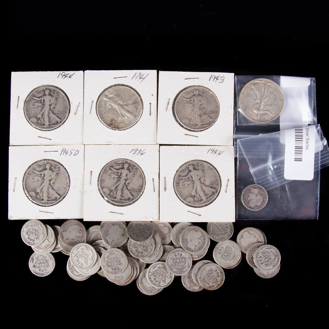 [US] 59 Barber Dimes and 7 silver halves (1 of 3)