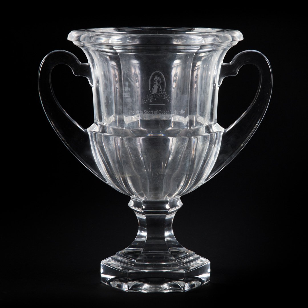 Tiffany crystal equestrian trophy cup: given at "The Queen's Cup," in acid etched letters, 10 in. H.