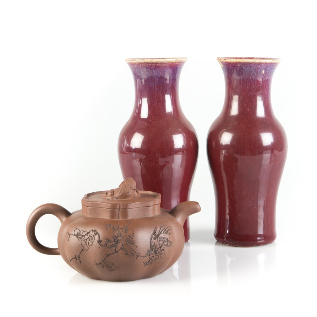 Pair of Sang de Boeuf vases and Yixing teapot (1 of 6)