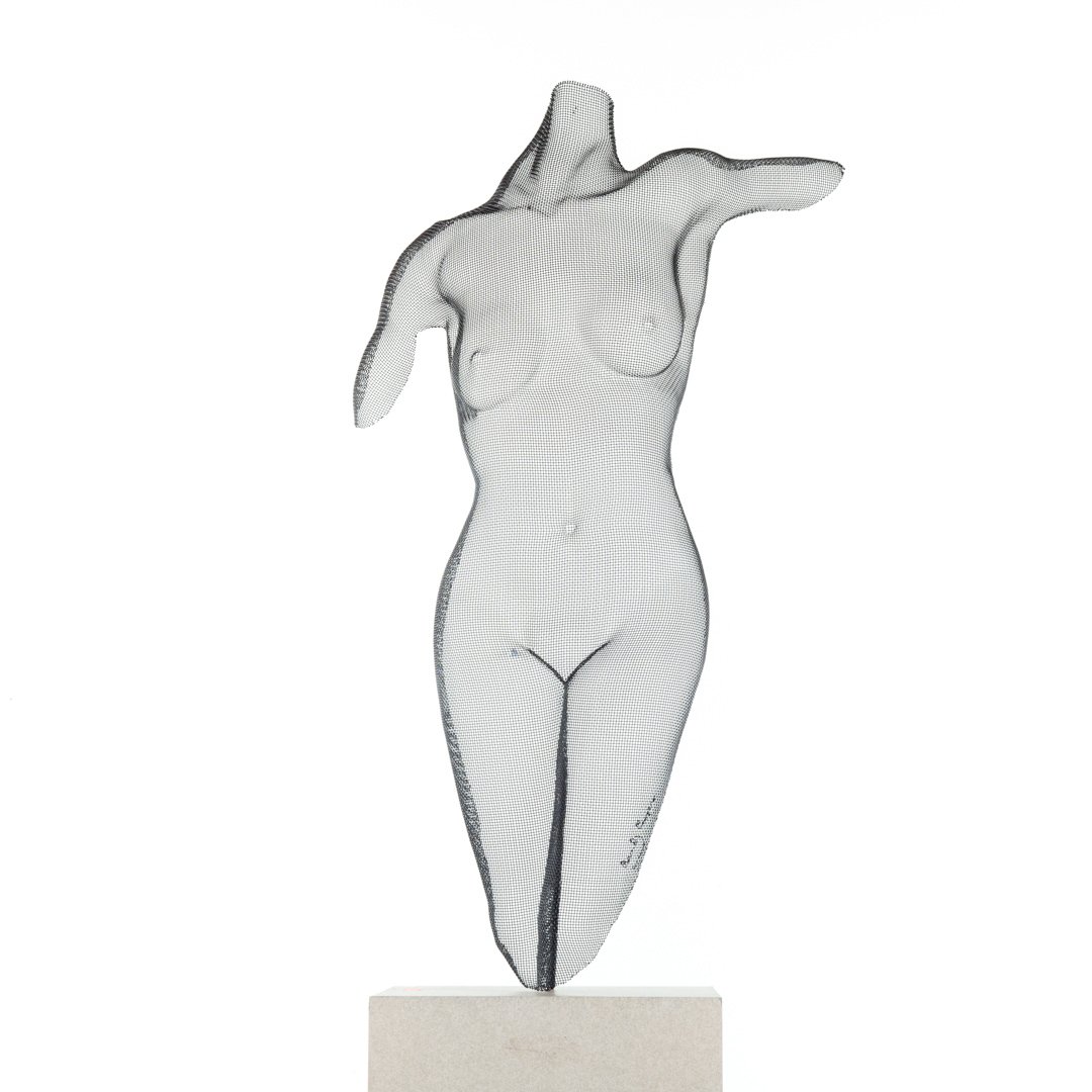 Randy Cooper. Andrea, black wire sculpture: (American Contemporary). Modeled as nude female torso, signed in wire "Randy Cooper," 34 in. L., with laminated wood pedestal, 41. in. H.