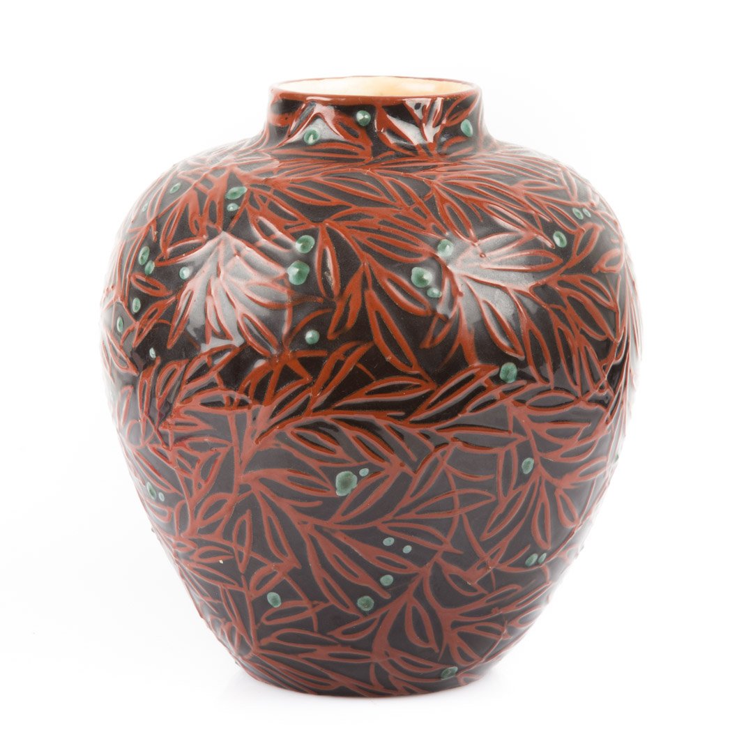 Max Lauger art pottery Juniper Vase: first quarter-20th century; brown ground, with raised leaf and berry decoration, by Max Lauger (1864-1952), impressed, "PROF. LAUGER," 9 1/2 in. H.