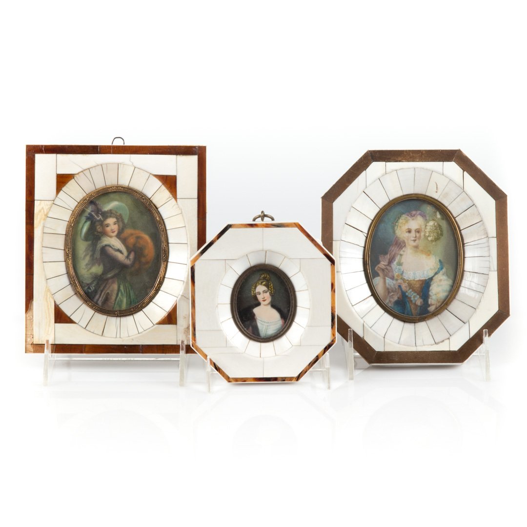 Eight Continental miniature paintngs and portraits: early 20th century; gouaches on ivory in sectional bone frames, includes six portraits of beauties, portrait of Nelson, and Venus and Cupid, 5 1/2 in. L. of longest