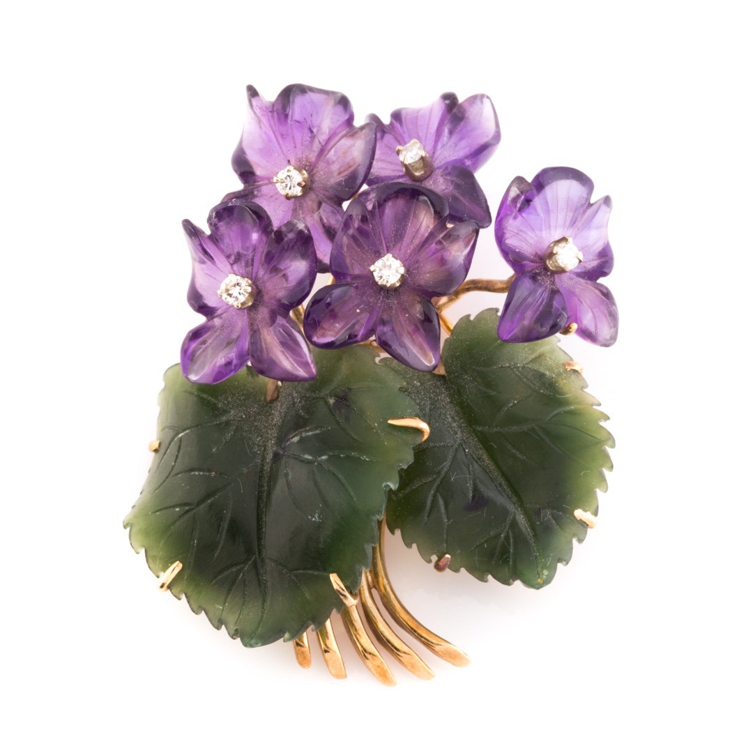 A Carved Amethyst & Jade Flower Pin with Diamonds (1 of 3)