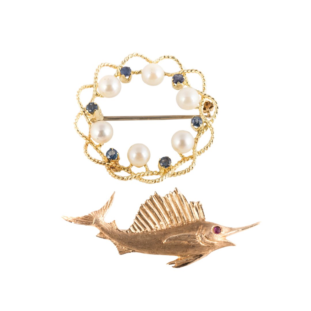 A Marlin Pin & a Pearl and Sapphire Brooch in Gold (1 of 4)