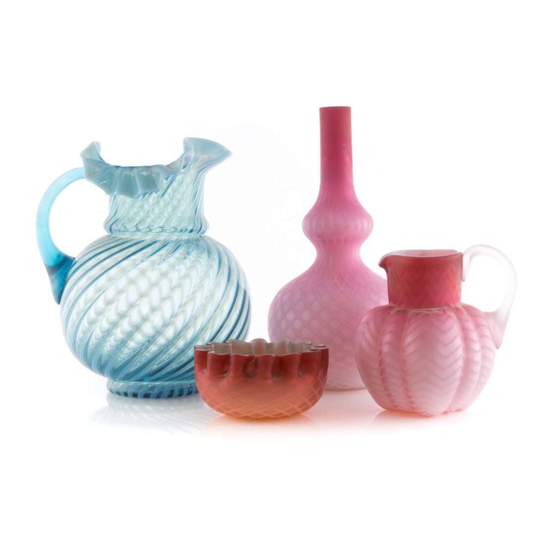 Three pieces of cased satin glass and pitcher (1 of 4)