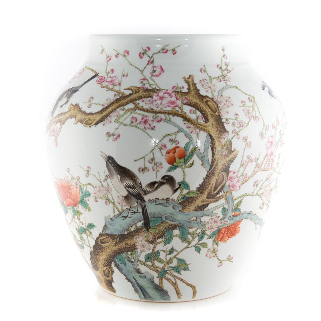 Chinese porcelain vase: with birds in cherry blossom tree decoration, character mark underneath, 12 in. H.