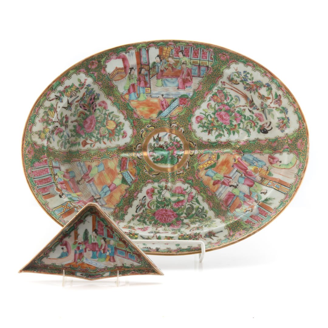 Chinese Export Rose Medallion platter and dish: fourth quarter-19th century; large well and tree platter, 19 in . L., 14 1/2 in. W. and triangular-shaped bone dish, 5 1/2 in. L., 8 3/4 in. W.