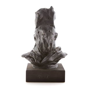 David Aronson Rabbi bronze sculpture: (American, 1923-2015); modeled as bust of man in pointed cap, signed, 4/250, with foundry mark, mounted on wood base