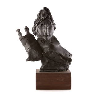 David Aronson Rabbinical Student bronze sculpture: (American, 1923-2015); modeled as bust of man holding Torah scroll, signed, 28/250, with foundry mark, mounted on wood base, 10 1/2 in. H.