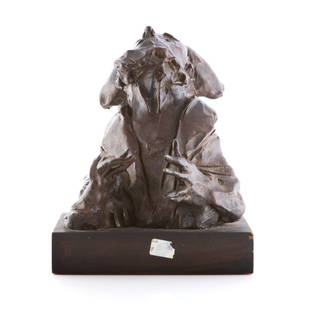 David Aronson Rabbi bronze: (American, 1923-2015). Bronze bust of Rabbi looking upwards, signed, 4/250, with foundry mark, mounted on wood base, 8 in. H.