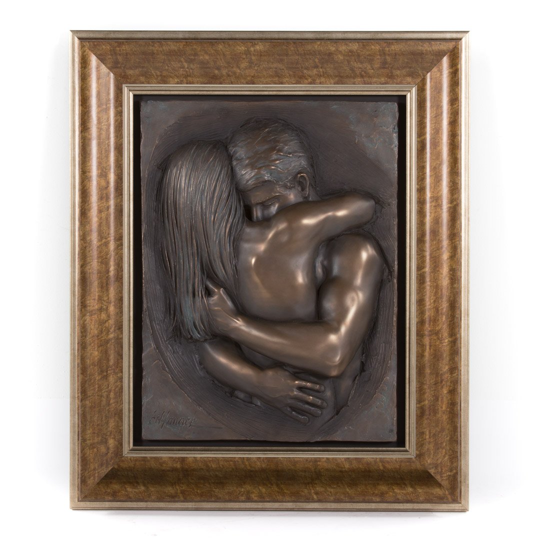 Bill Mack. Embracing Couple relief sculpture: (American, b. 1949). Bronzed resin bas relief of embracing couple, signed ll, in giltwood frame, sculpture-26 1/2 in. H., 19 in. W.