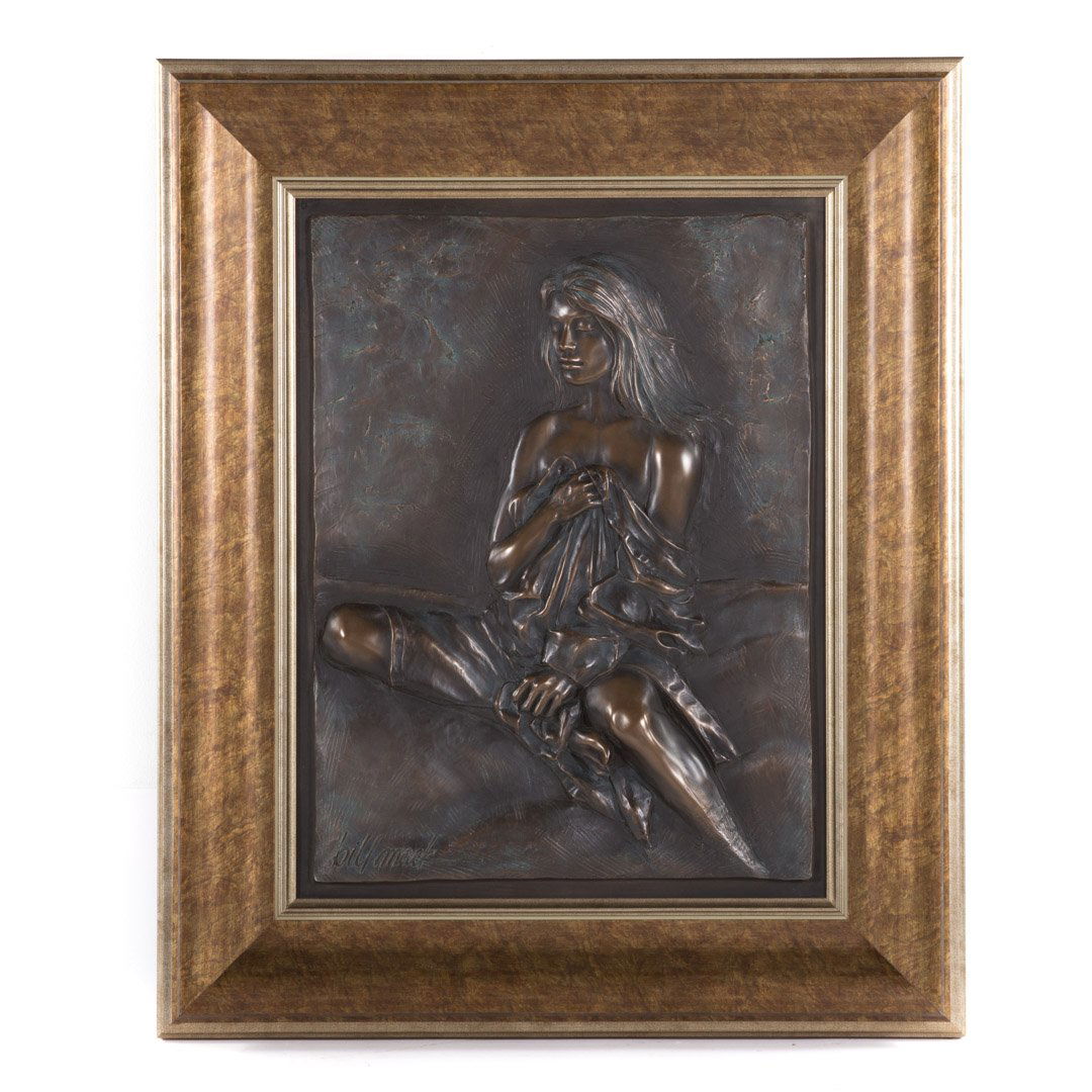 Bill Mack. Bas relief sculpture: (American, b. 1949). Bronze resin of erotic woman, signed ll in giltwood frame, 24 3/4 H., 18 3/4 in. W.