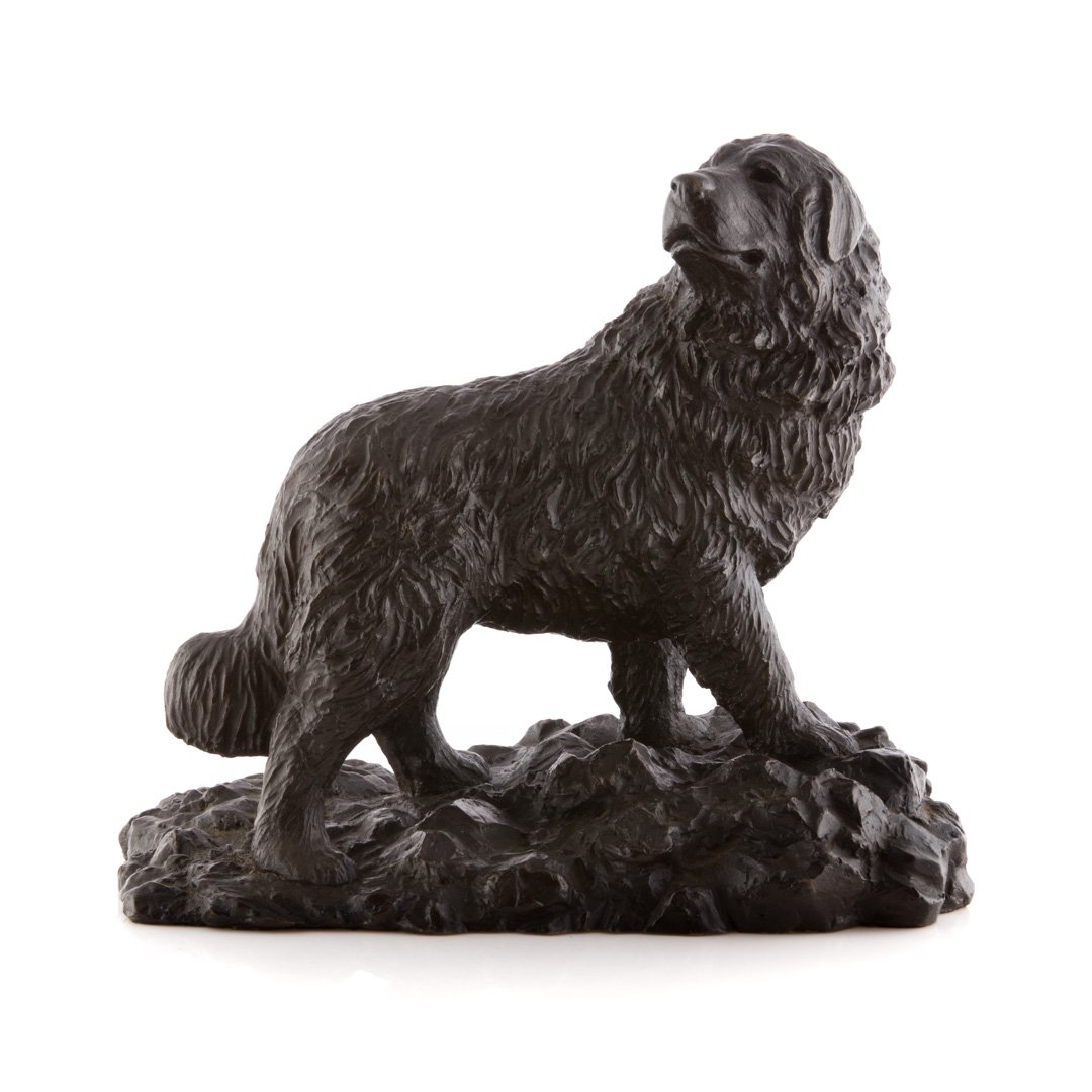 Geoffrey Davien, Bergerie Knur resin sculpture: (English, 1917-1973); modeled as prize winning Great Pyrenees dog on rocky base, impressed,"Bergerie Knur Crufts' Best of Show 1970," and signed "Davien 70," 10 in. H.