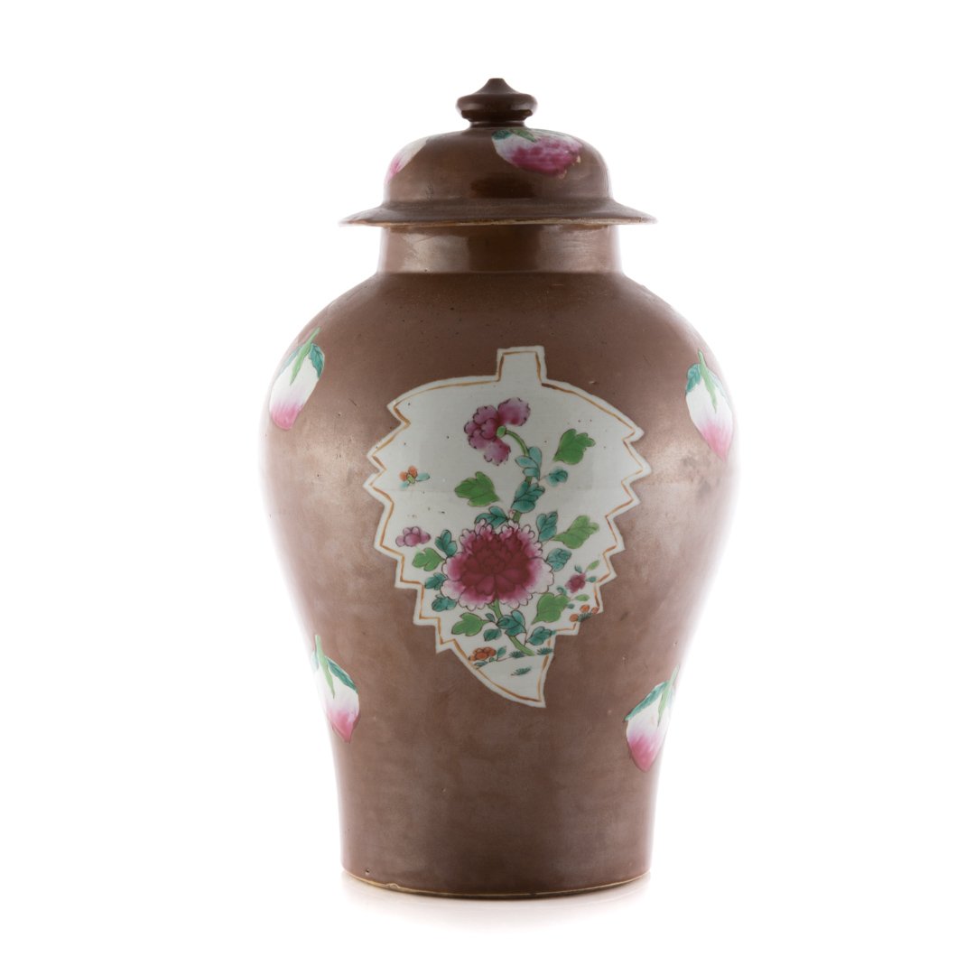 Chinese Export Batavia ware jar: mid-18th-century; brown ground with leaf shaped vignettes, and Famille Rose flowers, 15 in. H.