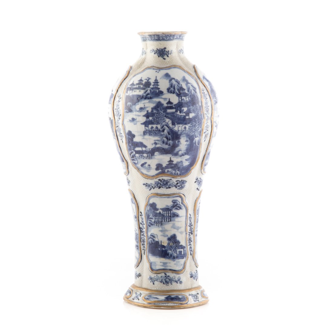 Chinese Export blue and white garniture vase: circa 1770; chicken skin with four river scene vignettes, 11 in. H.