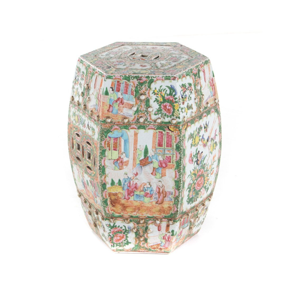 Chinese Export Rose Medallion garden seat: fourth quarter-19th century; hexagonal form, 19 in. H.
