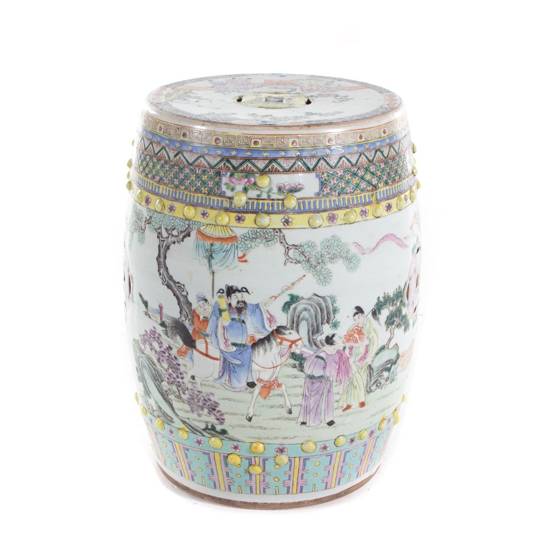 Chinese Export porcelain garden seat: circa 1880; meandering scene of garden and court with multiple figures, 18 in. H.