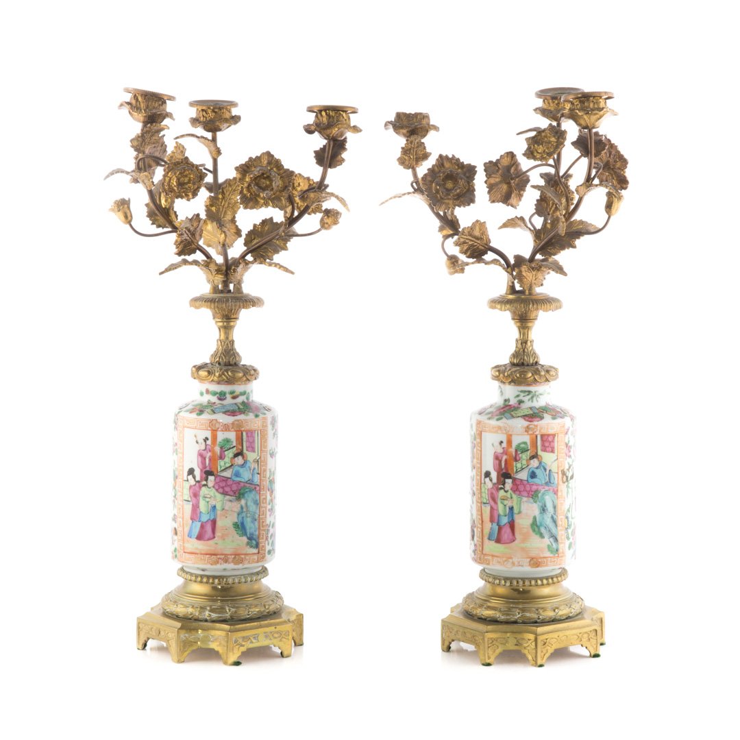 Pair Chinese Export Rose Mandarin candelabra (1 of 4)