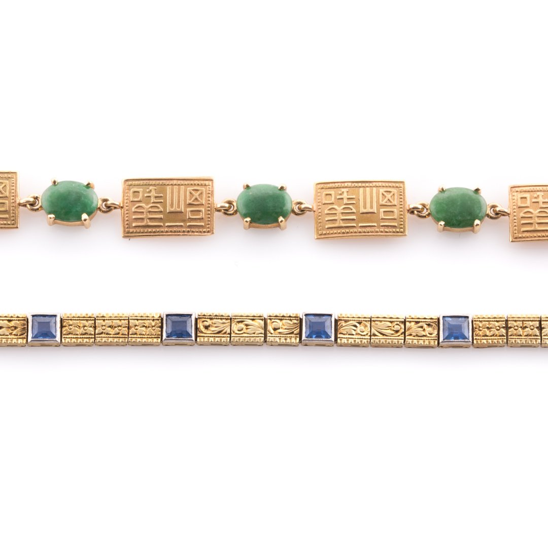 Two Lady's Bracelets with Jade & Sapphires in 14K (1 of 4)