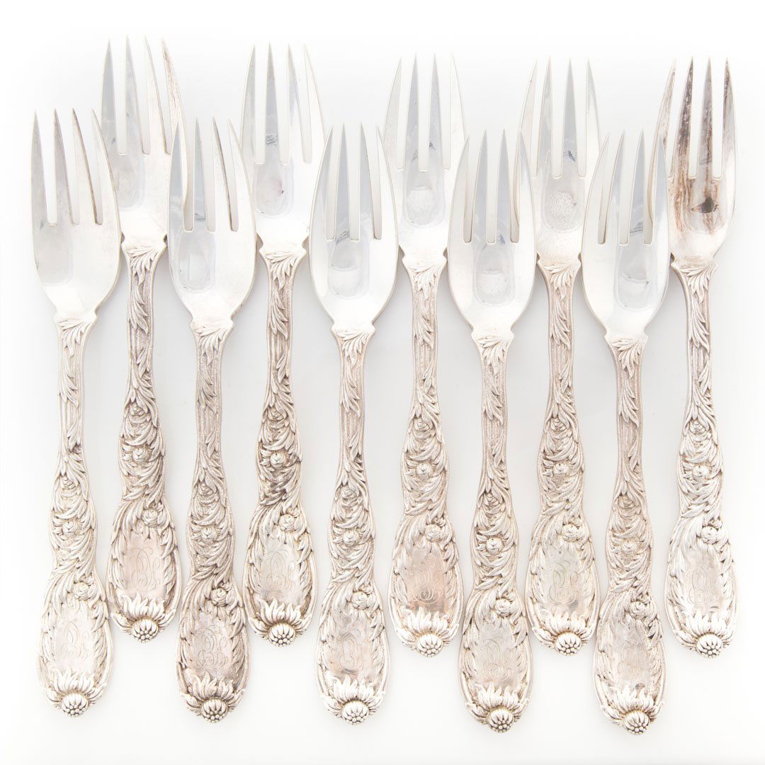 Ten Tiffany "Chrysanthemum" sterling fish forks (1 of 3)