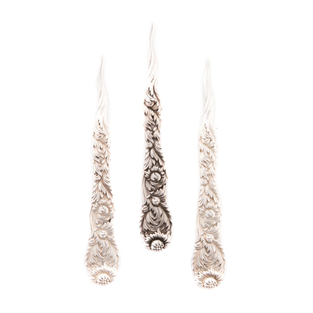Rare Tiffany "Chrysanthemum" sterling nut picks: 3 nut picks with old hallmark, 4 1/2 in. L., 2.80 ozt.