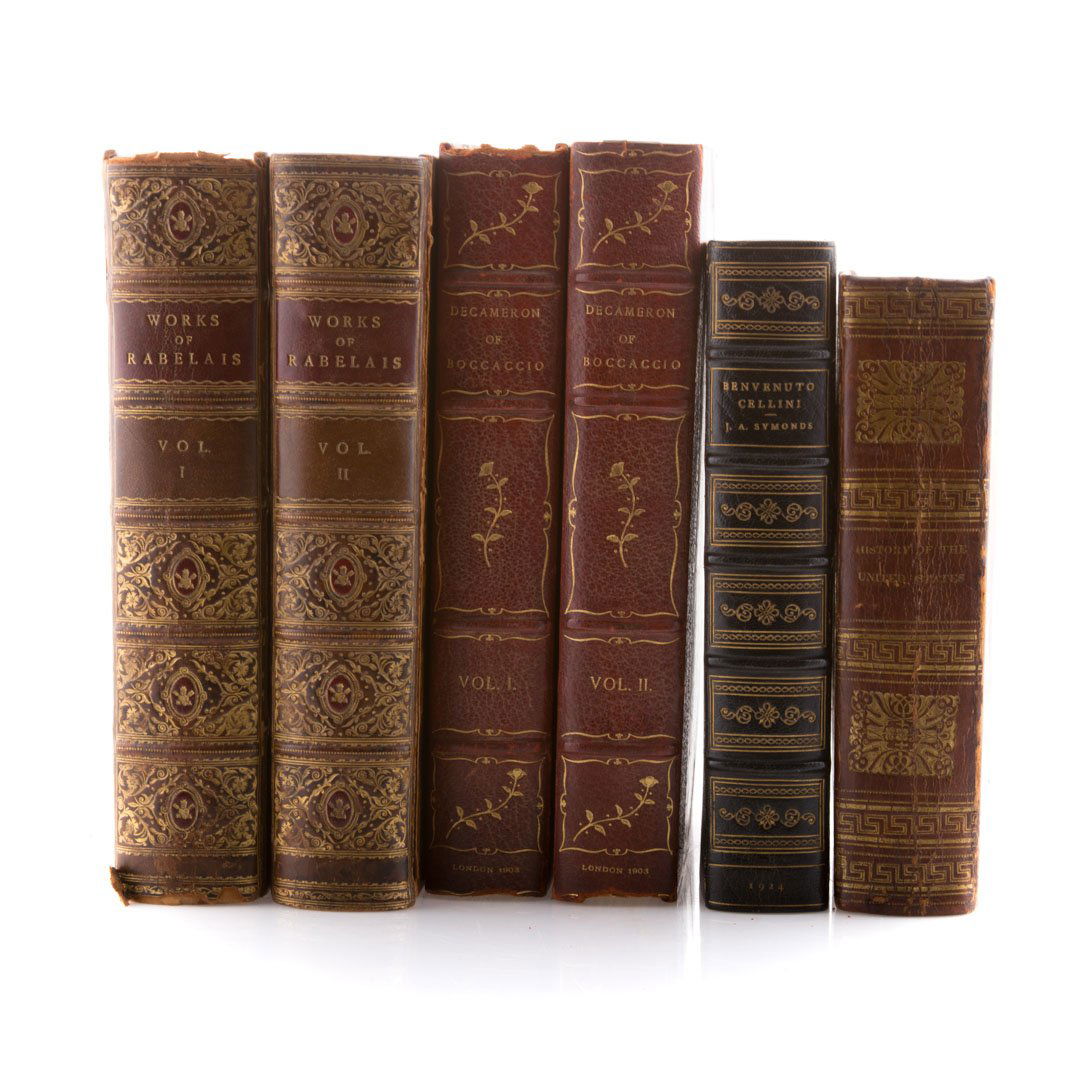 Books, Leather, History: 8vo Size, Decameron, Works of Badelais, Benvenuto Cellini, and History of US. 19th Century