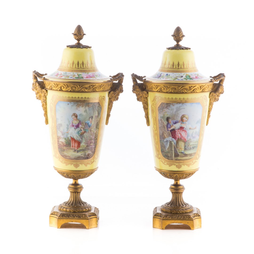 Pr. French metal-mounted jaune de porcelaine urns (1 of 6)