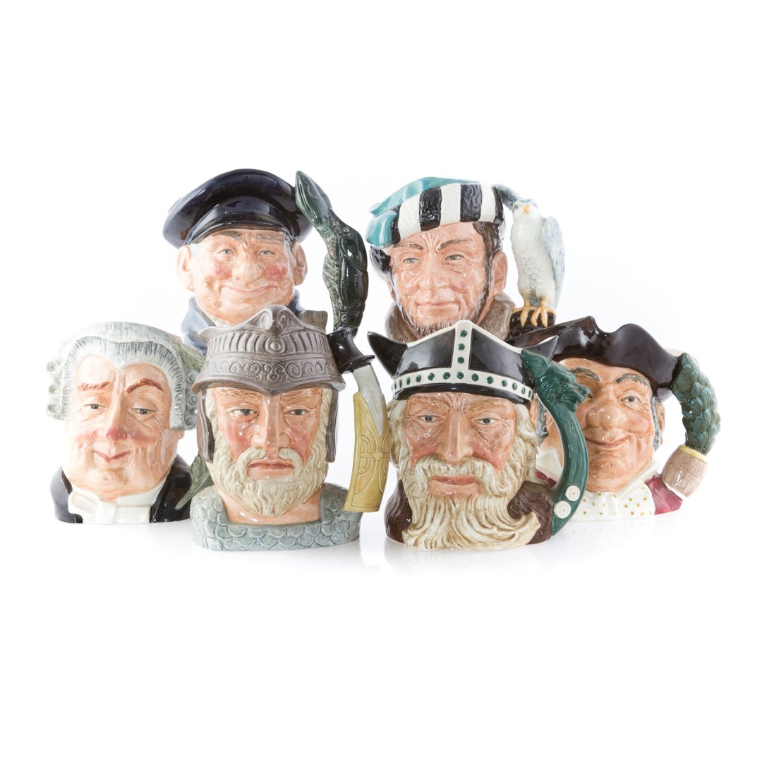Six Royal Doulton china character mugs: including: Gladiator D6550, The Lawyer D6498, Mine Host D6468, Lobster Man D6617, Viking D6496, The Falconer D6533. 7 in. H. to 8 in. H.