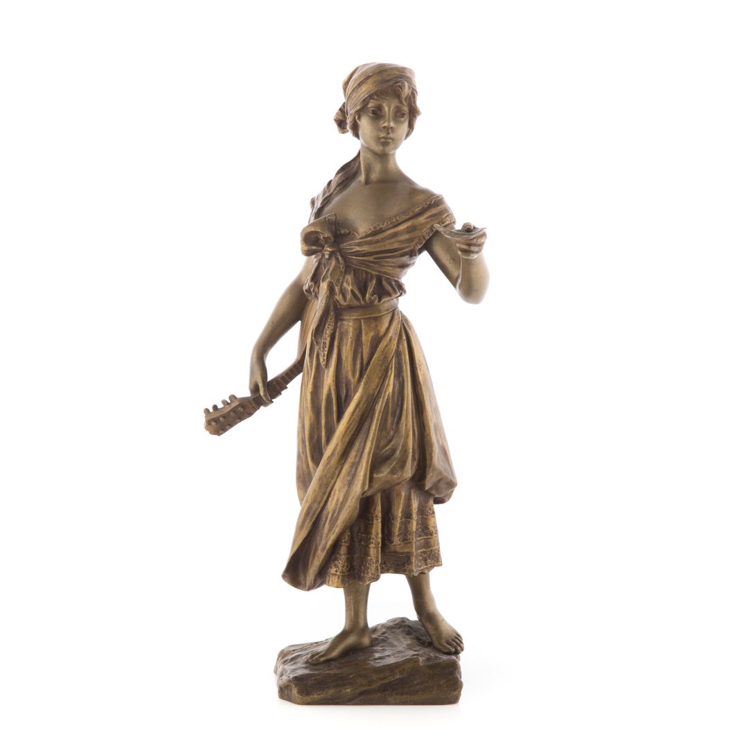 Emmanuel Villanis. French bronze figure: (French, 1858-1914). Polished bronze of peasant girl with lute, signed in cast "E. Villanis," with foundry mark, 15 3/4 in. H.