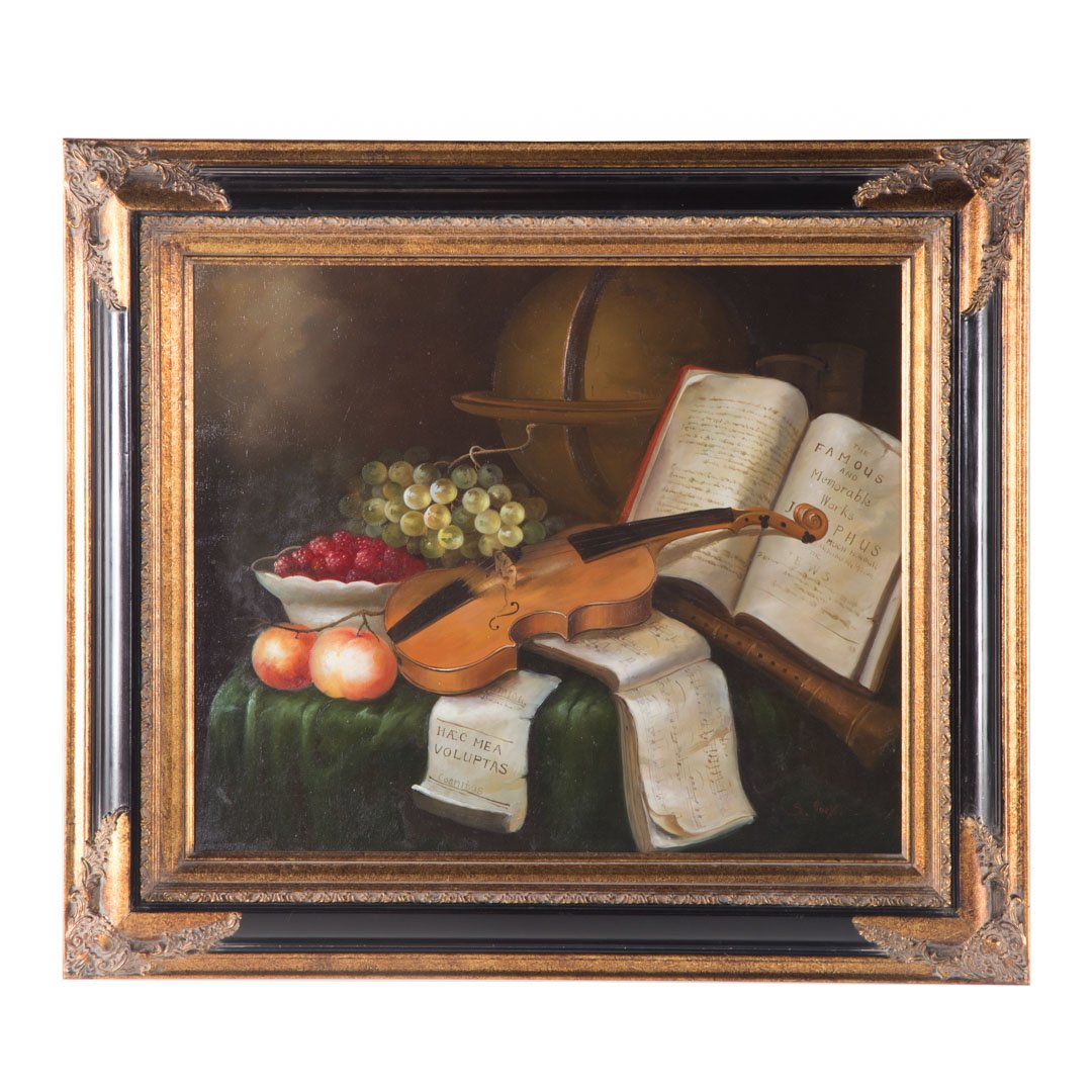 S. Parker. Still Life with Violin, oil: (American, late 20th Century). Oil on canvas, signed "S. Parker" lr, 20 x 24 in., framed.