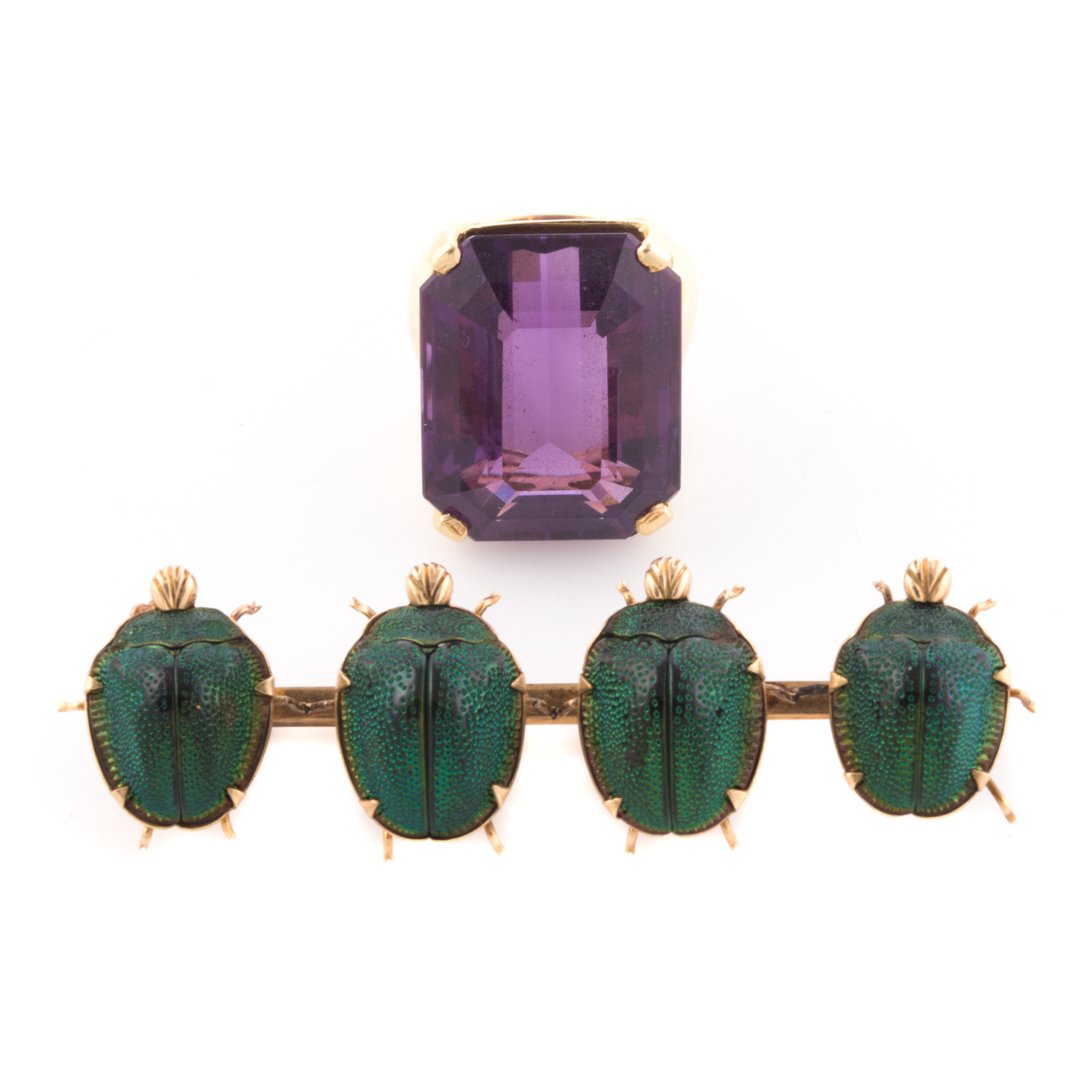 A Gold Amethyst Ring and Scarab Brooch (1 of 4)