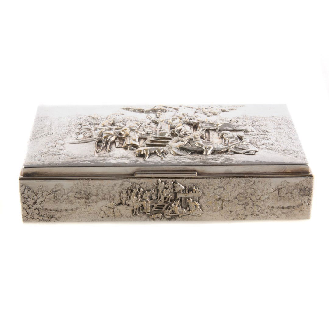 Danish repousse figural cigarette box silver plate (1 of 7)