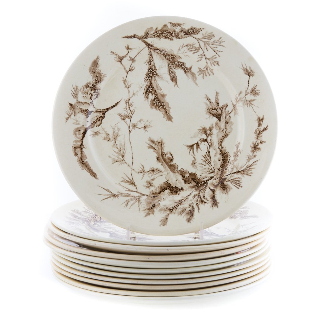 11 Wedgwood brown transfer ware dinner plates: late 19th century; leaf and tree decoration, 10 in. Diam.