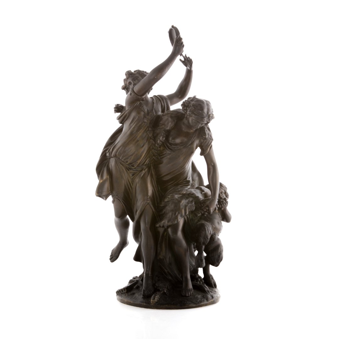 After Claude Michel Clodion. Bacchantes: modeled as two nymphs with satyr, 16 in. H.
