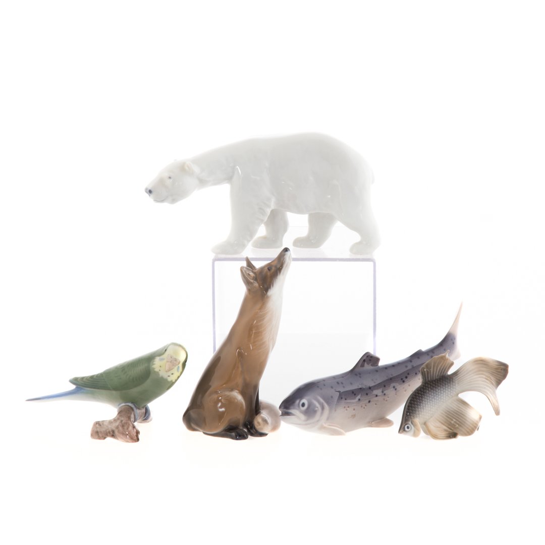 Five Royal Copenhagen porcelain animals: including: polar bear, fox, parakeet, beta fish, and trout, 5 1/2 in. H. of tallest