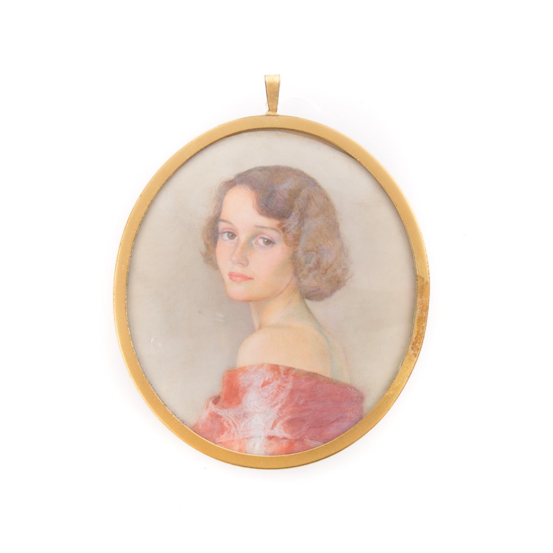 Betsey Flagg Melcher. Young Woman portrait: dated 1949; young beauty from the Van Pelt family of Philadelphia, gouache, in brass easel-back frame, 4 x 3 1/2 in.