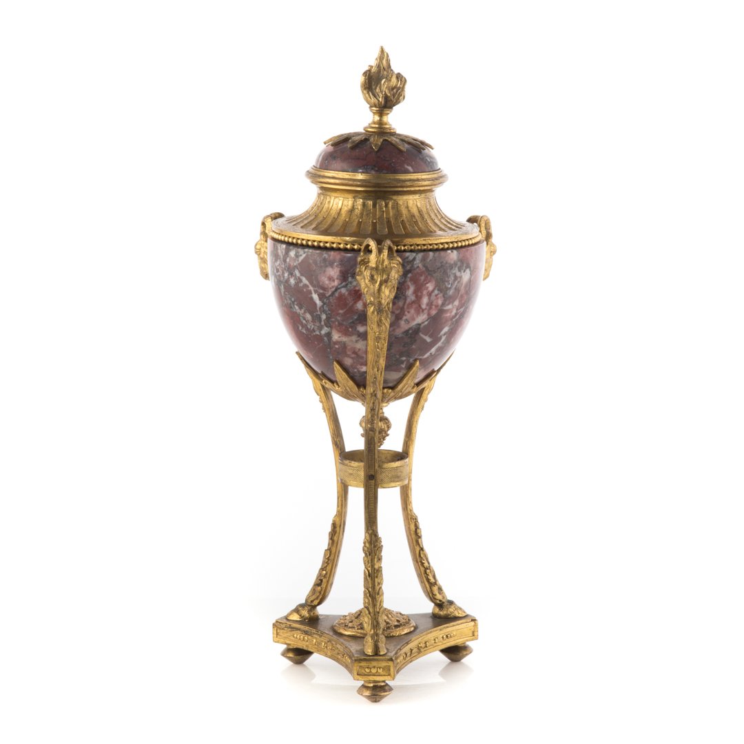 Louis XVI style bronze and marble castlette: variegated marble with bronze mounts, on tri-form base, 16 in. H.
