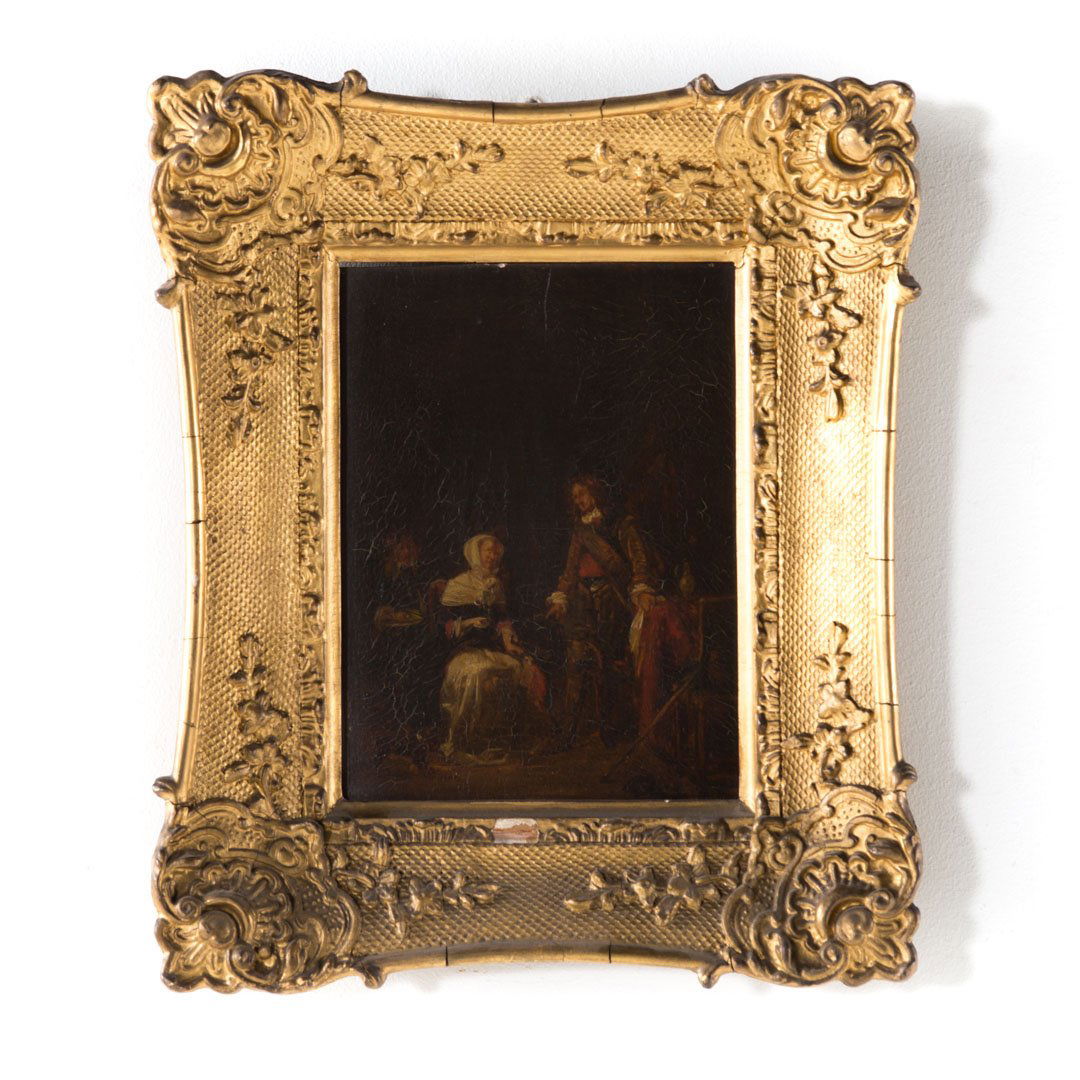 After Gabriel Metsu. Soldier Visiting a Young Lady: Artist Unknown, 19th century. Copy after Gabriel Metsu (Dutch, 1629-1667). Oil on panel, unsigned, 10 x 7 1/4 in., framed