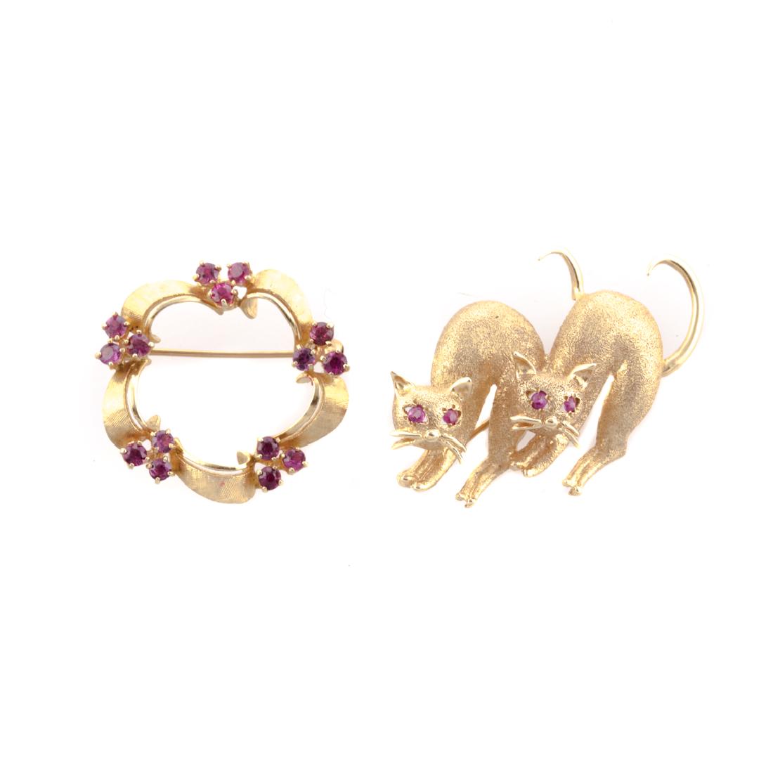Two Lady's Brooches with Rubies in 14K Gold (1 of 5)