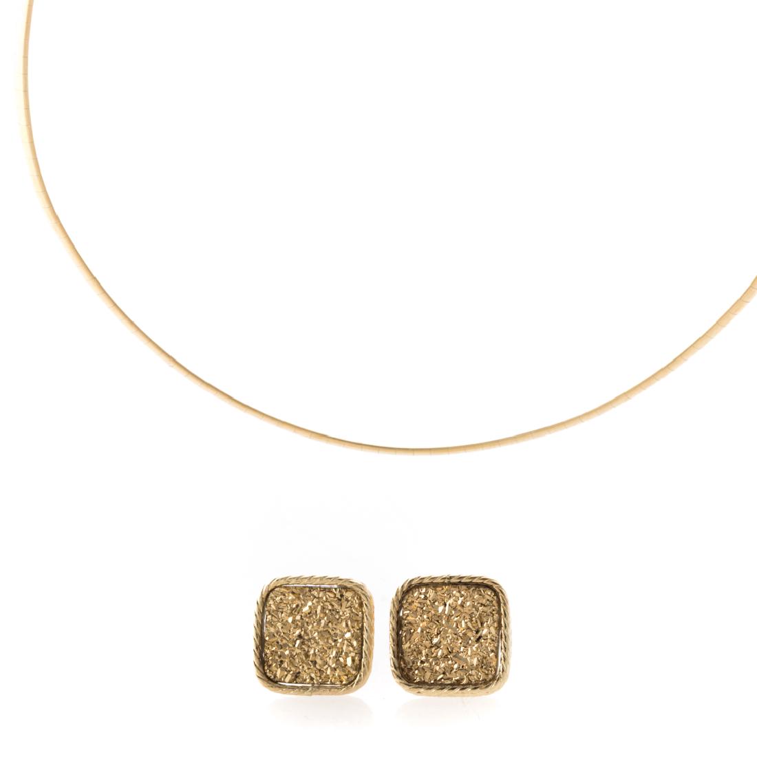 A Lady's Gold Omega Necklace & Earrings: 1) 14K yellow gold Omega necklace with lobster clasp, 3mm W, 17 in. L and 2) 14K yellow gold earrings made in Italy, square shape with faceted gold inside, posts with friction backs, 0.5 in. W, 13 gra