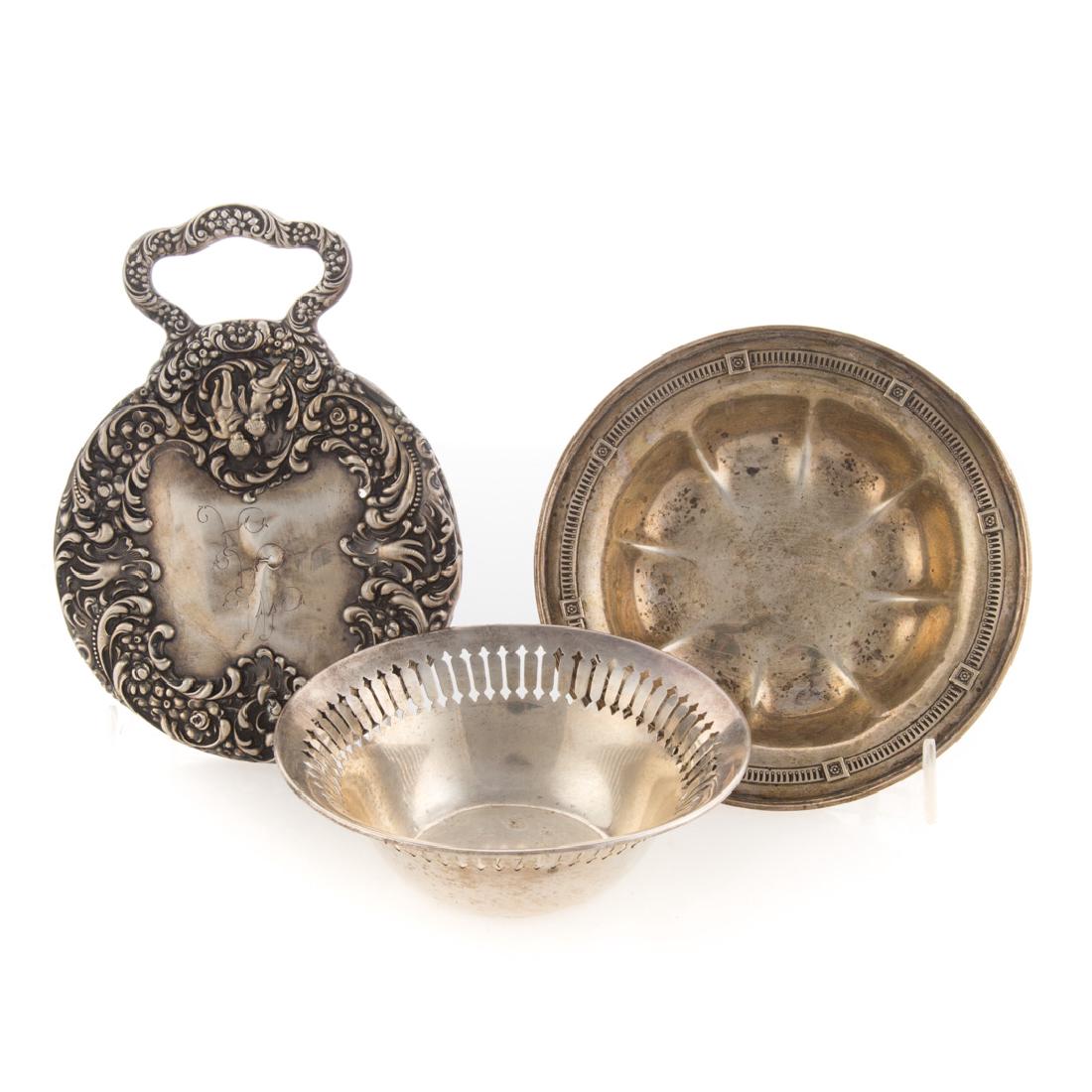 A trio of sterling items: including 2 bowls and a hand mirror frame, 6.40 ozt.
