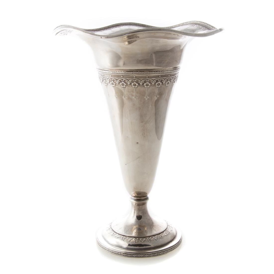 Neoclassical style weighted sterling trumpet vase: by Watson, model 9992, 12 in. H., 24.50 ozt. t.w.