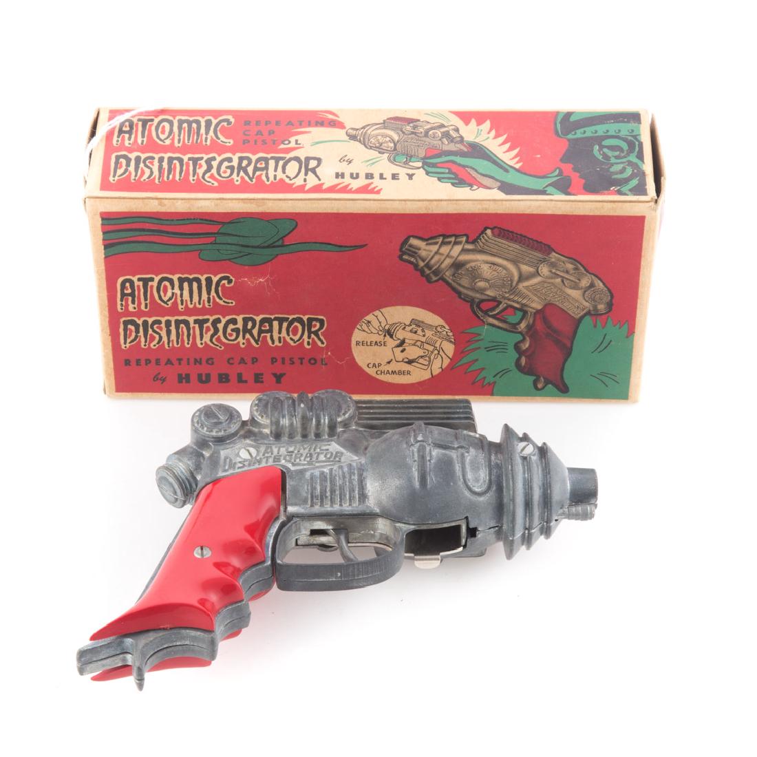 Hubley Atomic Disintegrator Repeating Cap Pistol: heavy metal, 7 in., with box